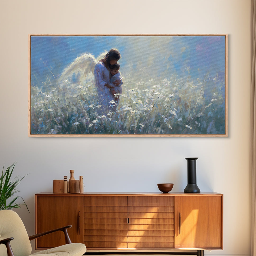 Angel Mother Holding Child In Moonlit White Meadow Framed Canvas Print, Christian Wall Art, Calming Nursery Home Decor Gift