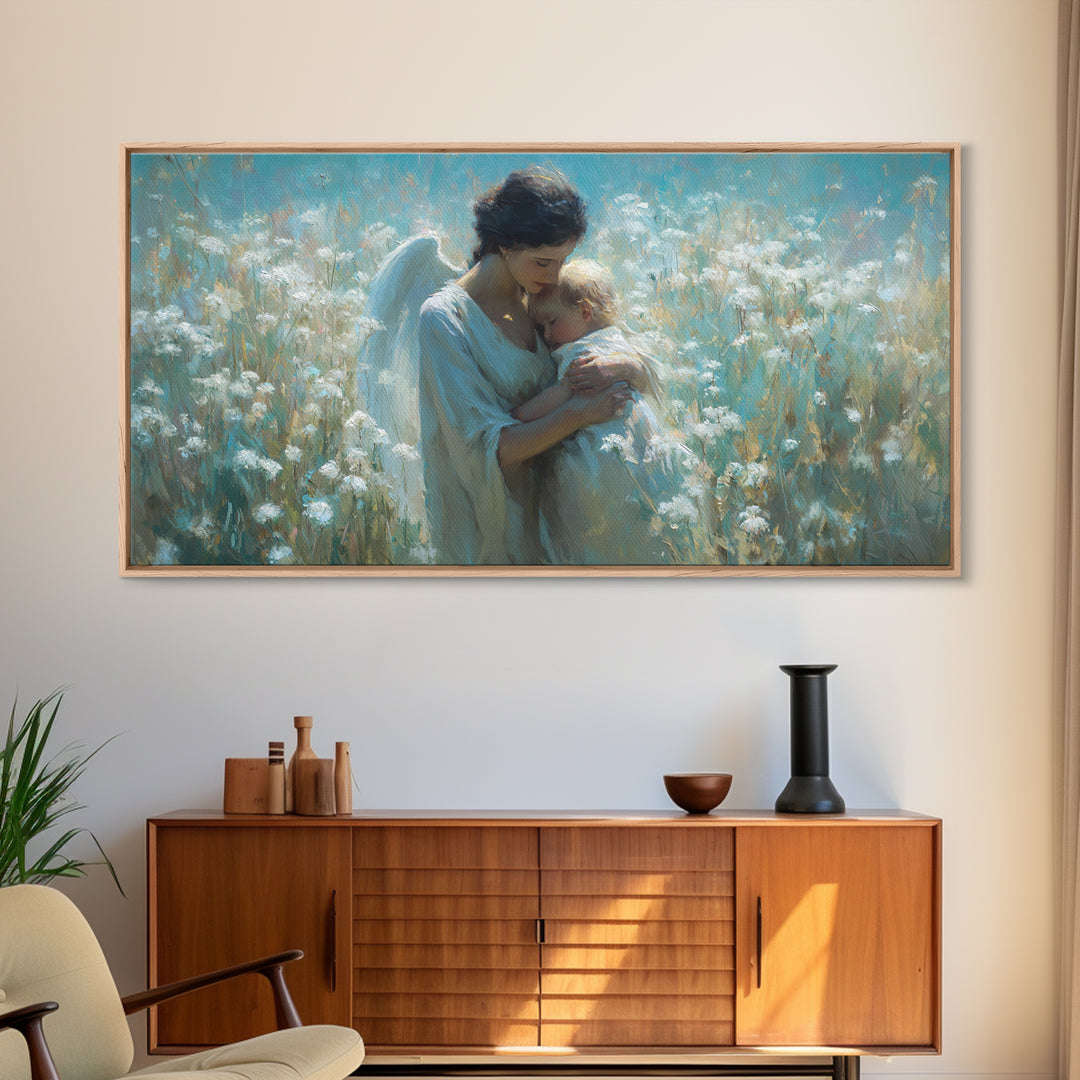 Serene Angel Cradling Blonde Baby In Blue Wildflower Field Framed Canvas Print, Christian Wall Art, Nursery Home Decor Gift