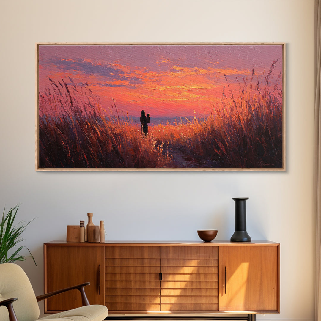 Mother And Child Sunset Grasslands Canvas Print, Romantic Landscape Wall Art, Warm Coastal Decor, Nursery, New Home Gift For Her