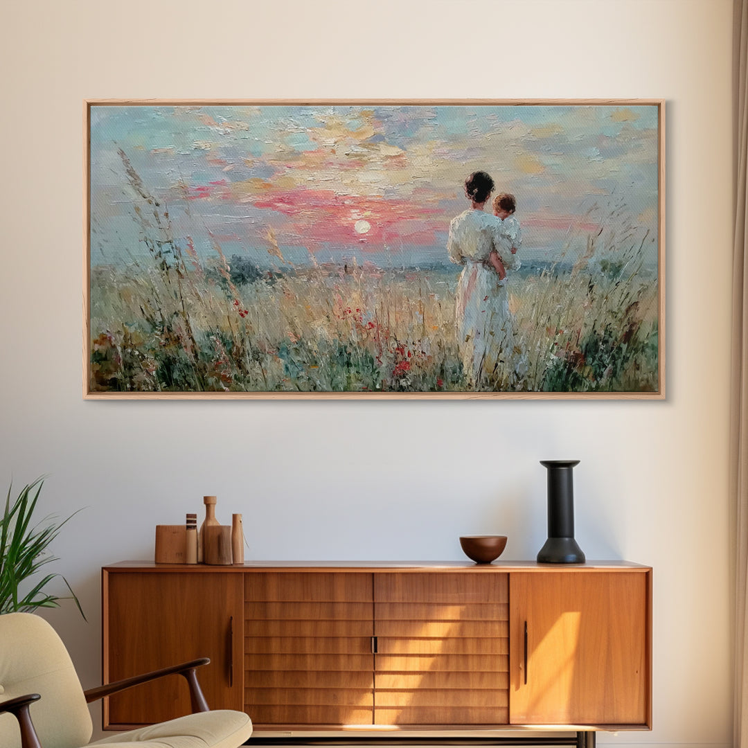 Mother And Child Sunset Seascape Canvas Print, Impressionist Coastal Wall Art, Romantic Bedroom Decor, Nursery Gift For Her