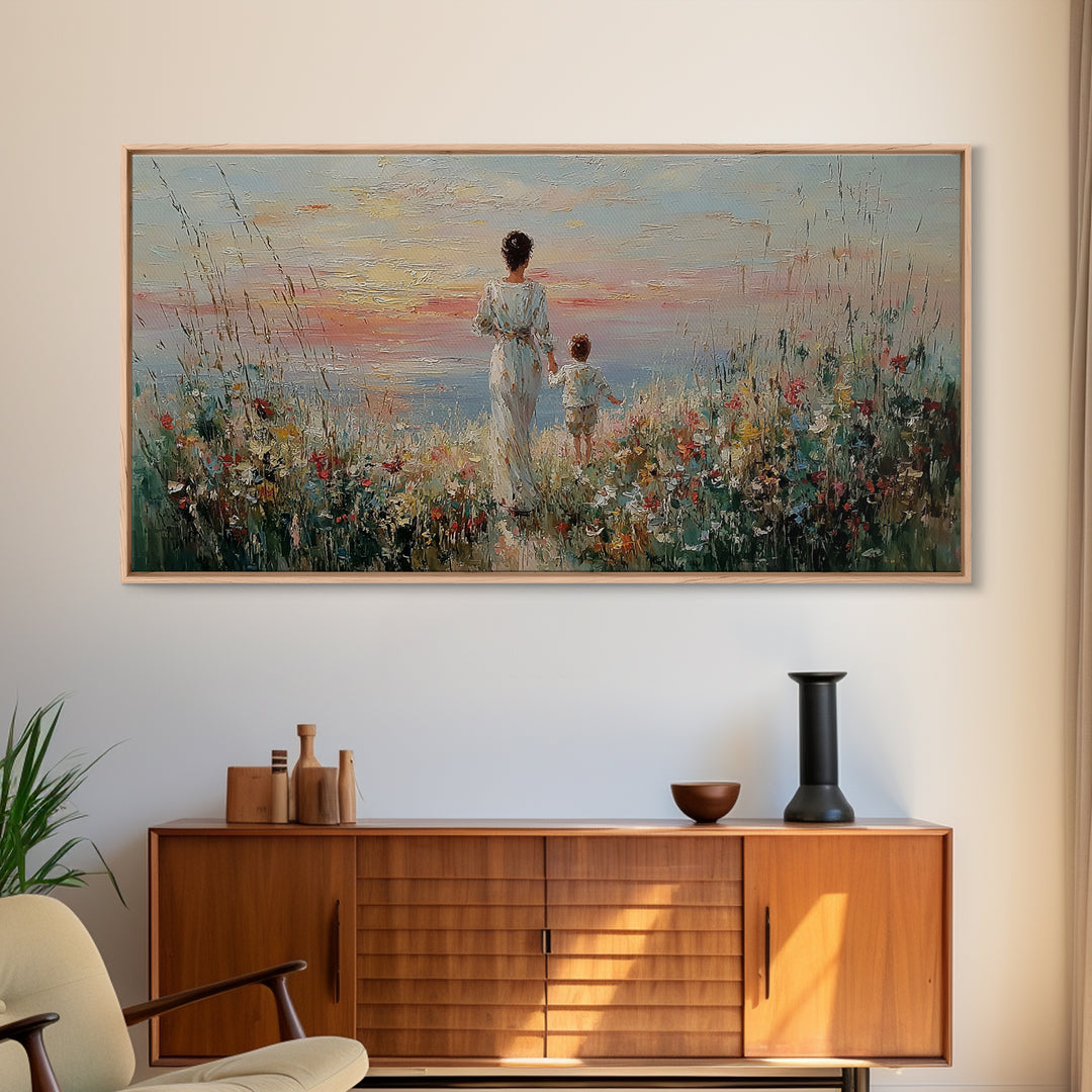 Mother And Child Ocean Meadow Wall Art, Impressionist Wildflower Seascape, Coastal Nursery Decor, Framed Canvas Print, Gift For Her