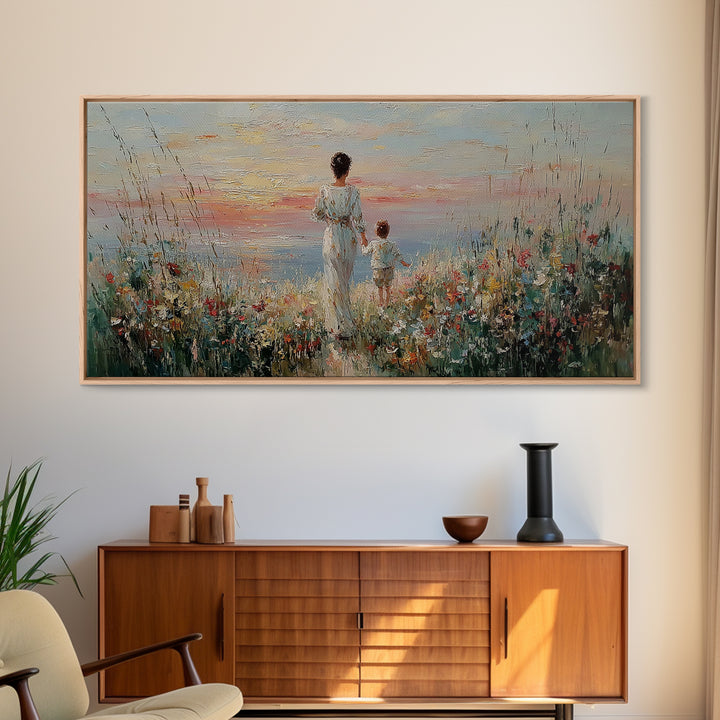 Mother And Child Ocean Meadow Wall Art, Impressionist Wildflower Seascape, Coastal Nursery Decor, Framed Canvas Print, Gift For Her