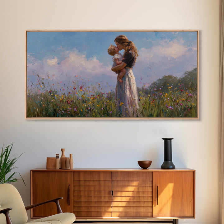 Mother Holding Baby In Wildflower Meadow Wall Art, Impressionist Canvas Print, Nursery Decor, Gift For Mom, Bedroom Decor