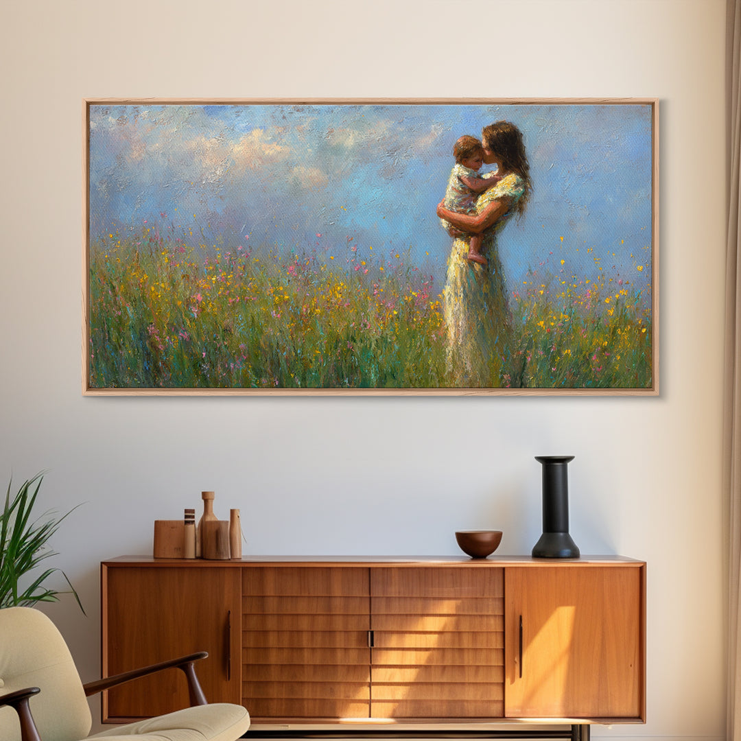 Mother And Child Embraced In Flower Field Wall Art, Impressionist Canvas Print, Floral Nursery Decor, Housewarming Gift, Gift For Mom