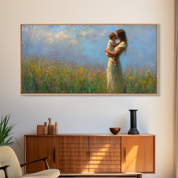 Mother And Child Embraced In Flower Field Wall Art, Impressionist Canvas Print, Floral Nursery Decor, Housewarming Gift, Gift For Mom