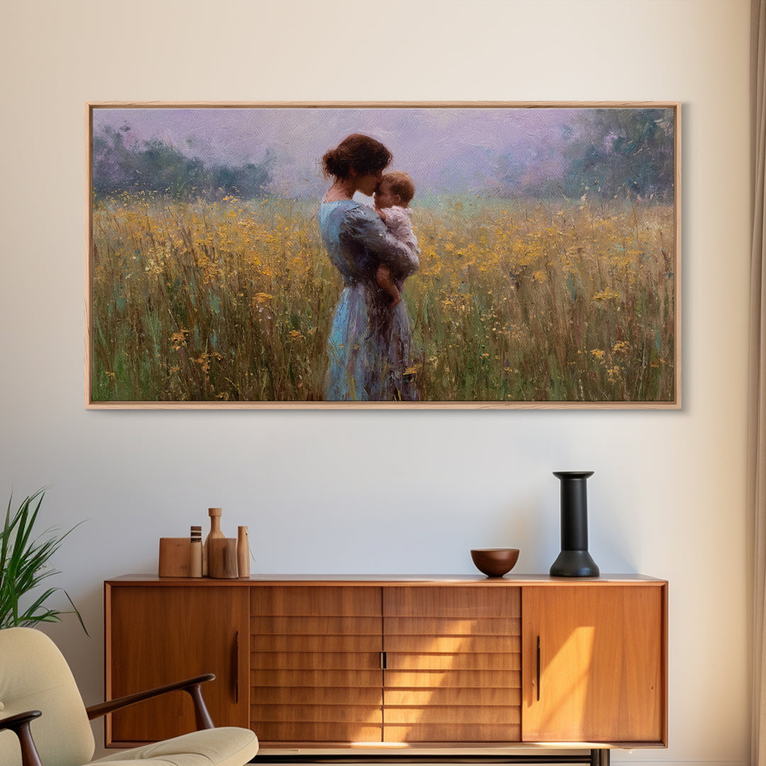 Mother Cuddling Baby In Golden Meadow Wall Art, Impressionist Canvas Print, Neutral Nursery Decor, Gift For Her, Living Room Decor