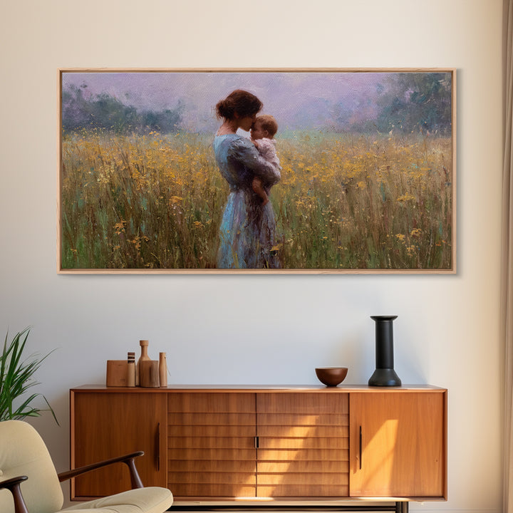 Mother Cuddling Baby In Golden Meadow Wall Art, Impressionist Canvas Print, Neutral Nursery Decor, Gift For Her, Living Room Decor