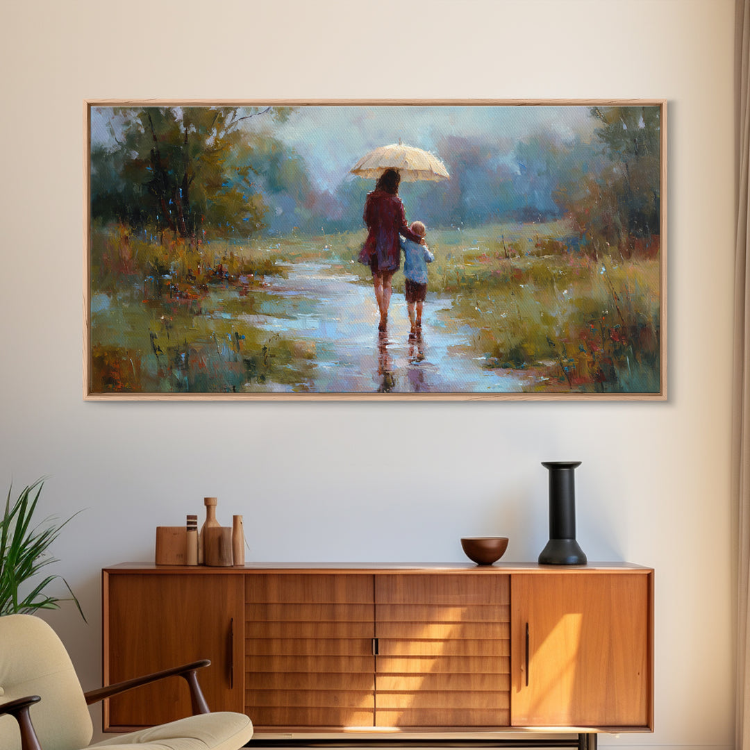 Mother And Child Walking In Rain With Umbrella Wall Art, Impressionist Canvas Print, Cozy Nursery Decor, Housewarming Gift