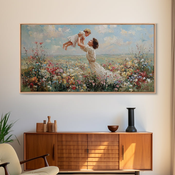 Mother Lifting Baby By Coastal Wildflower Meadow Wall Art, Impressionist Framed Canvas Print, Beach House Decor, Gift For Mom