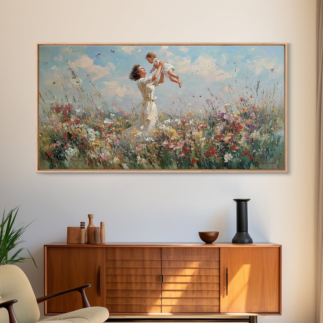 Mother Lifting Baby In Wildflower Meadow Wall Art, Impressionist Canvas Print, Floral Nursery Decor, Gift For Mom, Home Decor