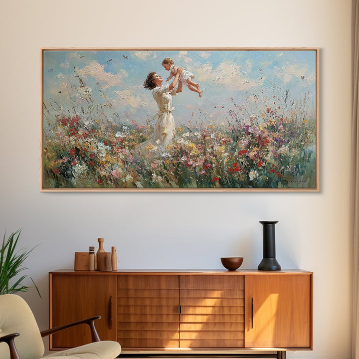 Mother Lifting Baby In Wildflower Meadow Wall Art, Impressionist Canvas Print, Floral Nursery Decor, Gift For Mom, Home Decor