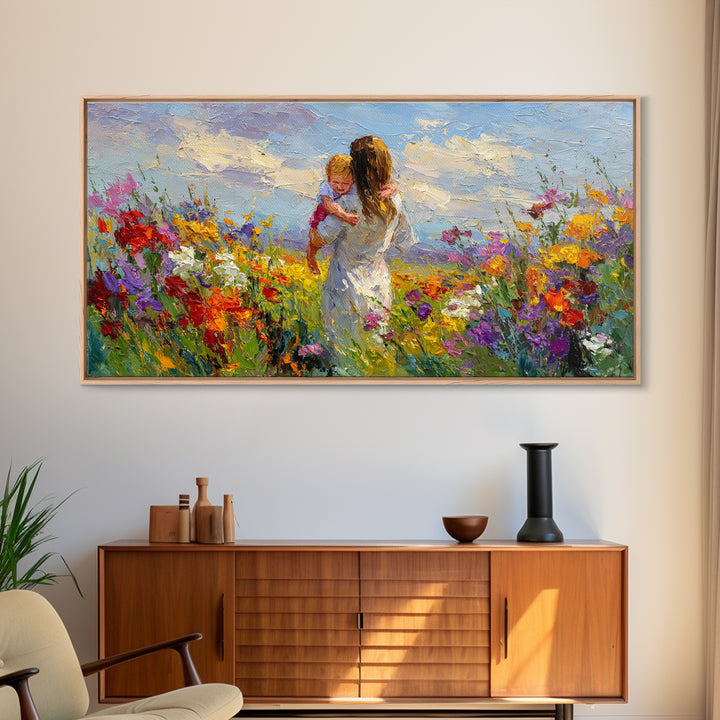 Woman Holding Baby In Vibrant Wildflower Meadow Framed Canvas Print, Mothers Day Gift, Floral Wall Art, Nursery Decor, Living Room Decor
