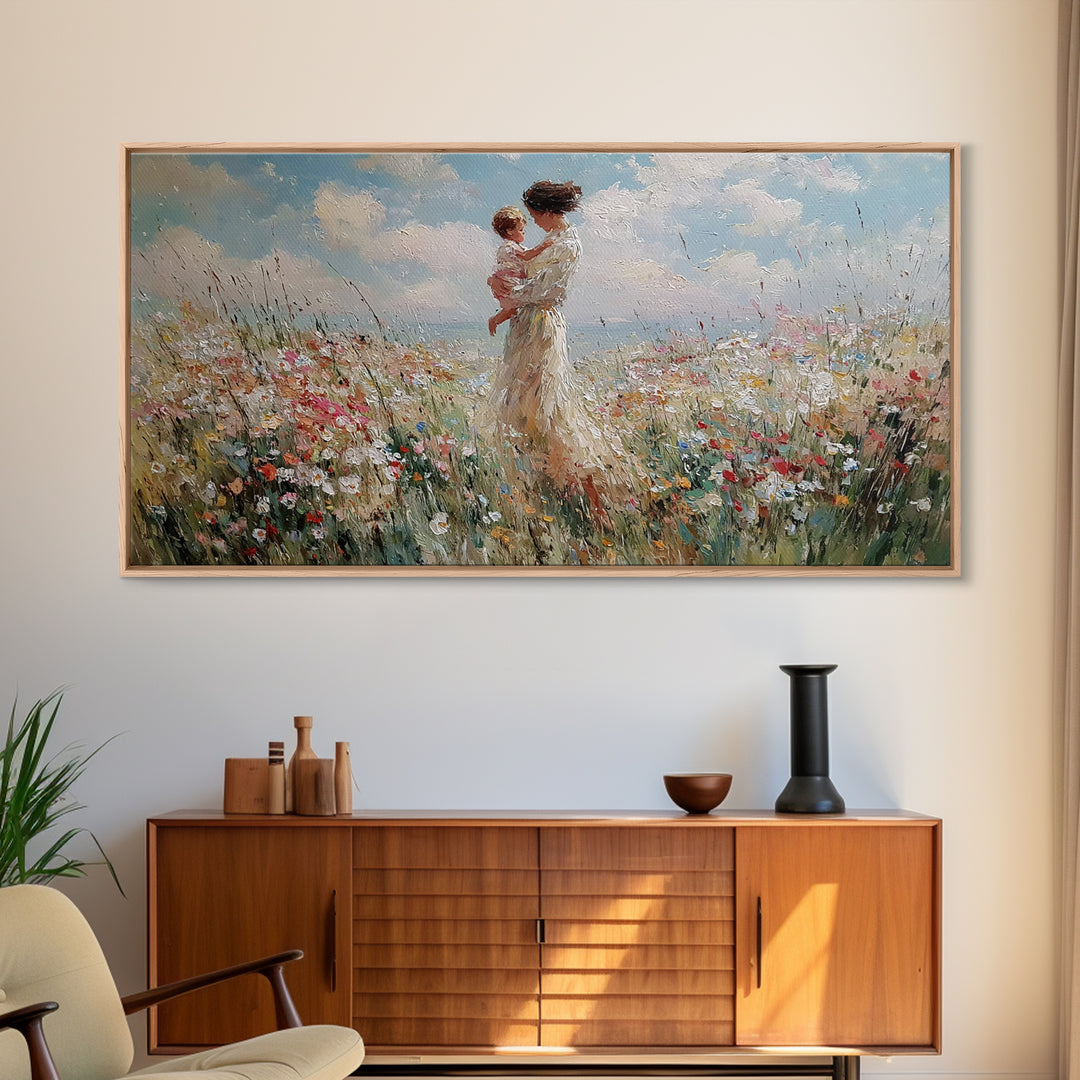 Mother And Baby In Soft Coastal Wildflower Field Canvas Print, Serene Floral Wall Art, Gift For Her, Bedroom Decor, Large Wall Art