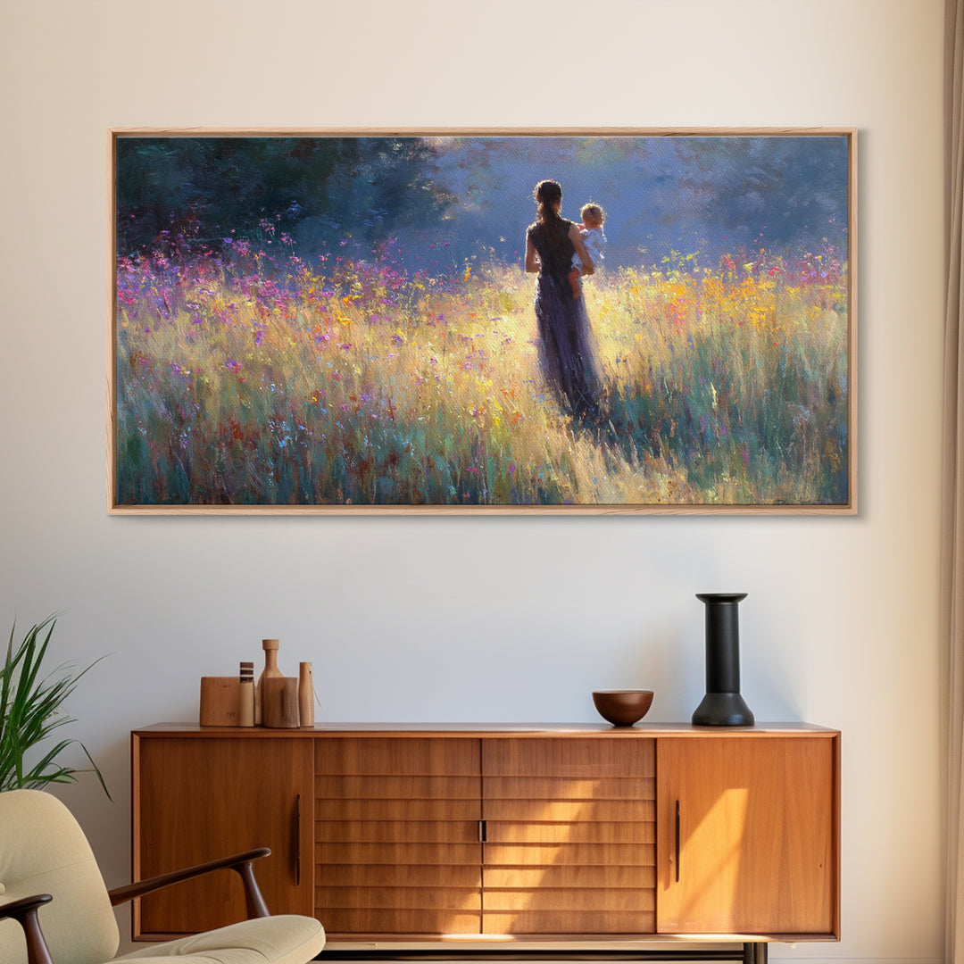 Backlit Mother Holding Baby In Glowing Wildflower Meadow Canvas Print, Moody Wall Art, Floral Wall Decor, Gift For Her, Large Wall Art