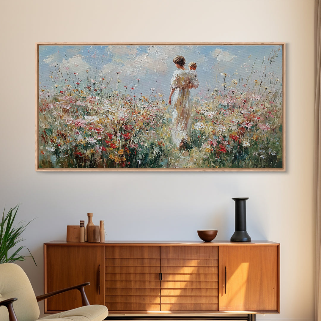 Mother And Baby Amid White Daisies And Red Poppies Framed Canvas Print, Floral Wall Art, Nursery Decor, Gift For Her, Living Room Decor