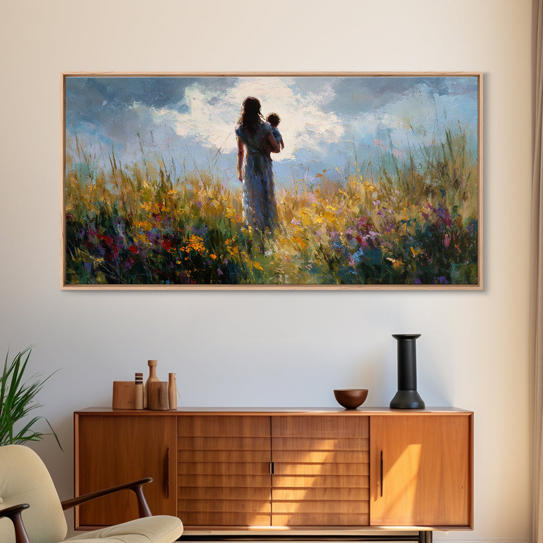 Mother And Baby In Windswept Summer Wildflower Field Canvas Print, Floral Wall Art, Gift For Her, Calming Bedroom Decor, Nursery Wall Art