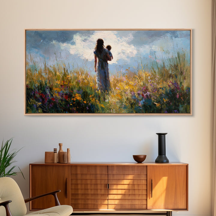 Mother And Baby In Windswept Summer Wildflower Field Canvas Print, Floral Wall Art, Gift For Her, Calming Bedroom Decor, Nursery Wall Art