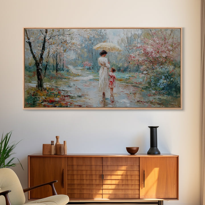 Mother And Child Walking Under Umbrella In Rainy Spring Garden Wall Art, Impressionist Painting, Gift For Her, Nursery Decor