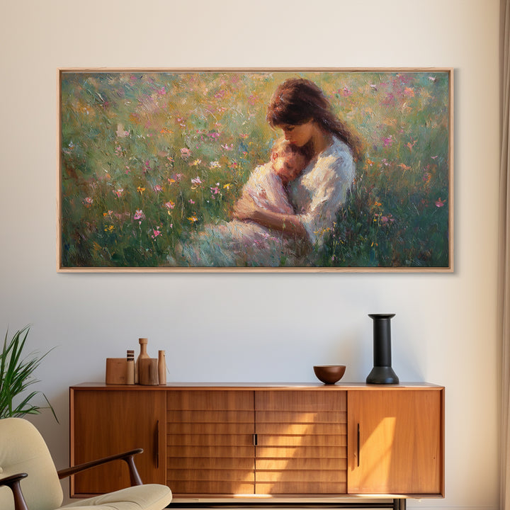 Tender Mother Cuddling Sleeping Baby In Flower Meadow Canvas Print, Feminine Wall Art, Mothers Day Gift, Bedroom Decor, Nursery Decor