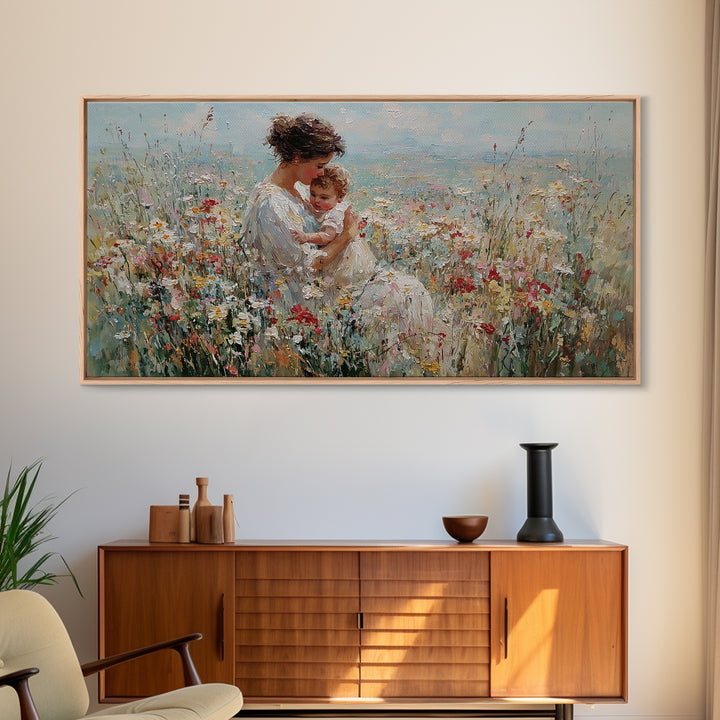 Mother Holding Smiling Baby Among Wildflowers By Sea Canvas Print, Coastal Wall Art, Mothers Day Gift, Living Room Decor