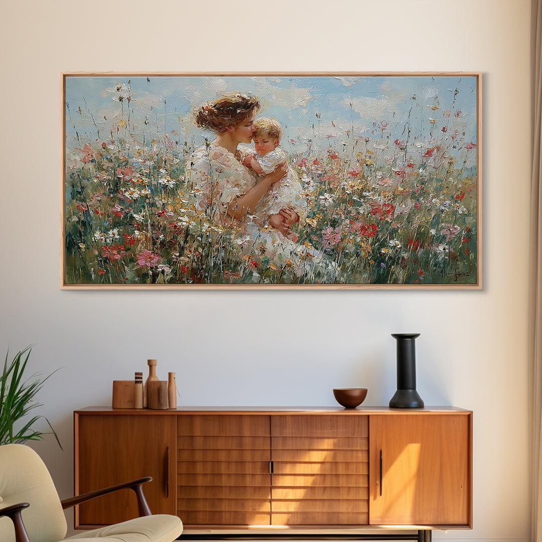 Mother Lifting Baby In Blooming Flower Field Framed Canvas Print, Impressionist Floral Nursery Art, Gift For Mom Home Decor