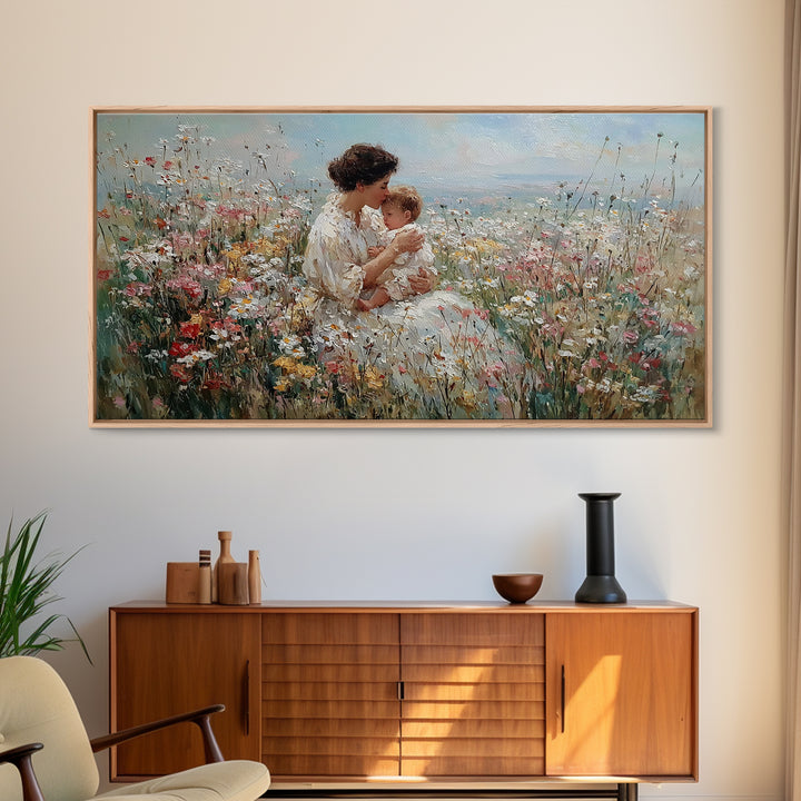 Seated Mother And Child In Coastal Wildflower Meadow Canvas Print, Impressionist Family Wall Art, Nursery Decor Gift For Her