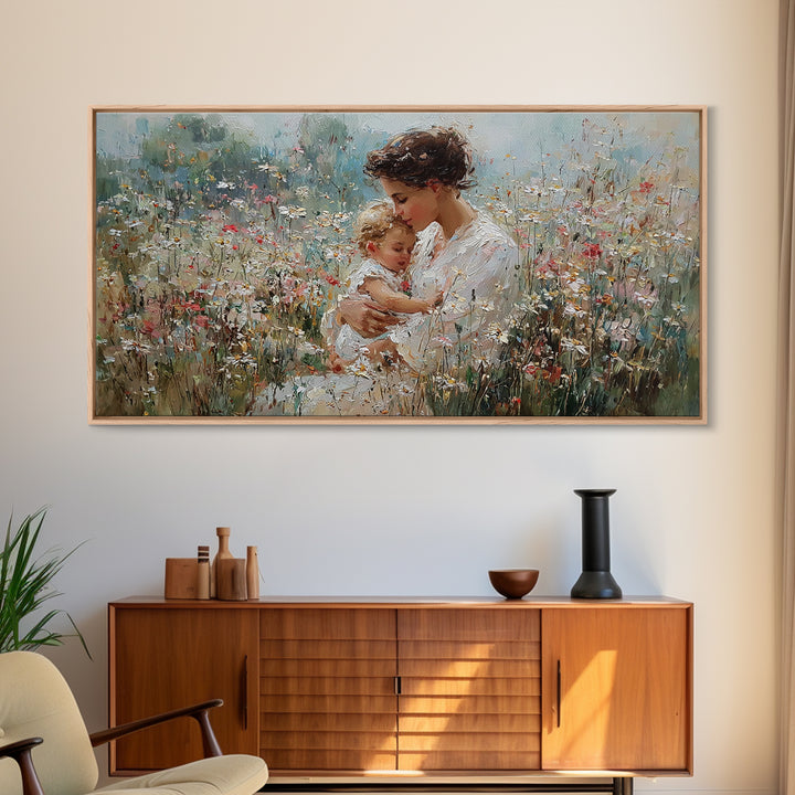 Mother Embracing Child In White Wildflower Meadow Framed Canvas Print, Impressionist Floral Wall Art, Nursery Decor Gift