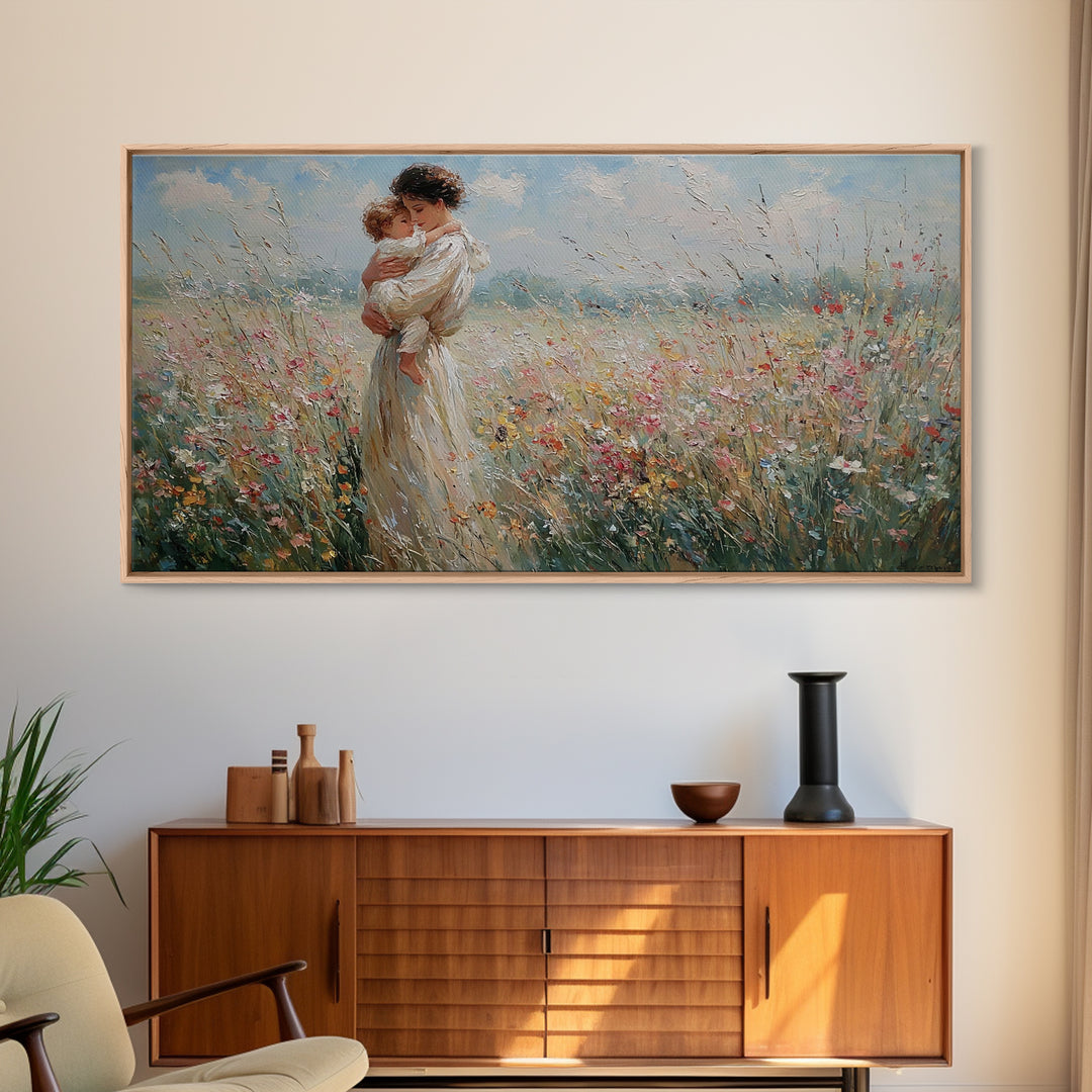 Standing Mother Holding Baby In Windy Wildflower Field Wall Art, Impressionist Landscape Canvas Print, Mothers Day Home Decor