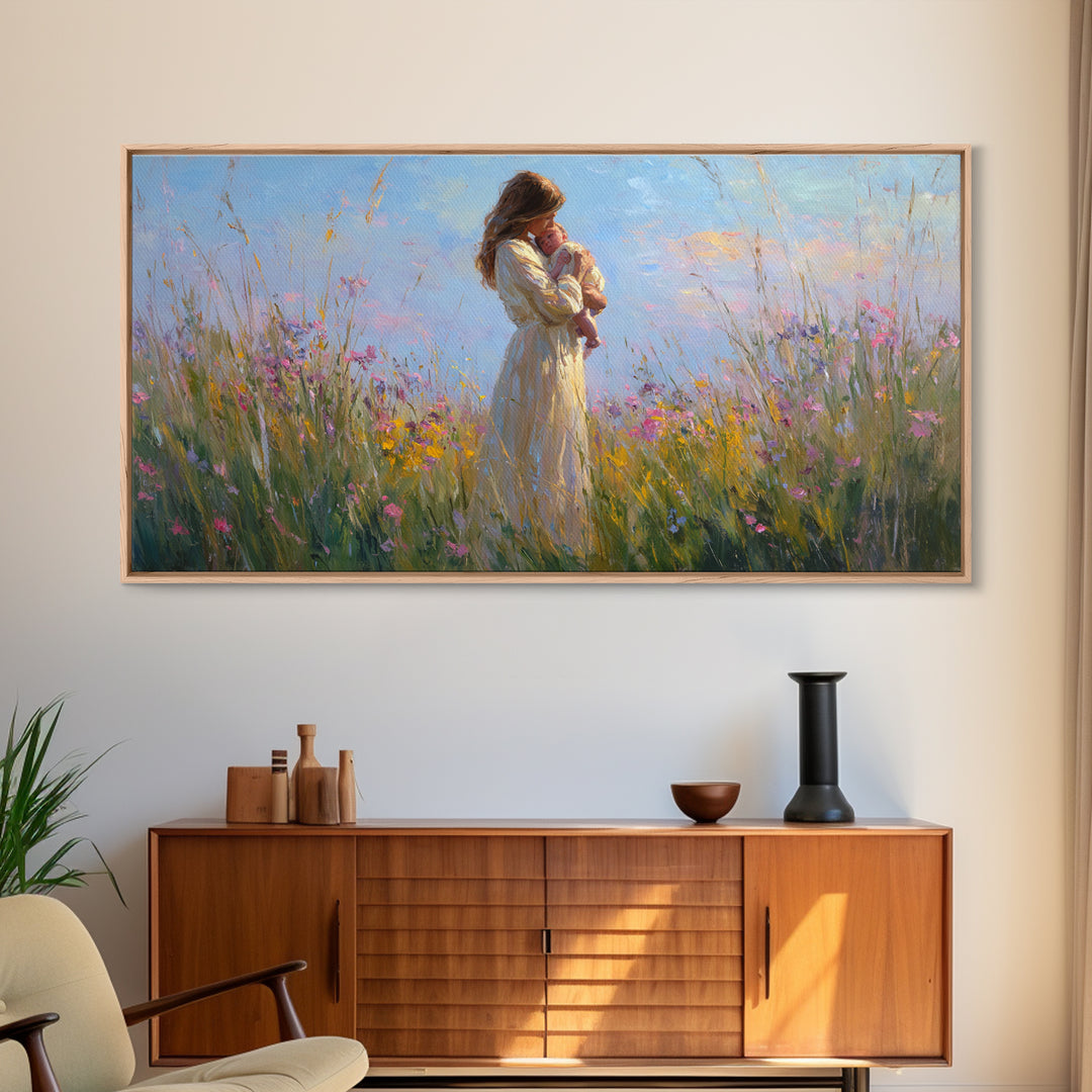 Backlit Mother And Baby In Sunlit Meadow Canvas Print, Impressionist Wildflower Wall Art, Feminine Nursery Decor Gift For Mom