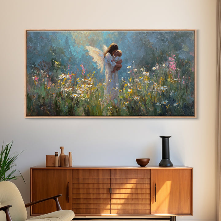 Guardian Angel Holding Baby Canvas Print, Wildflower Meadow Oil Painting, Spiritual Wall Decor, Nursery Art, Gift For Mom