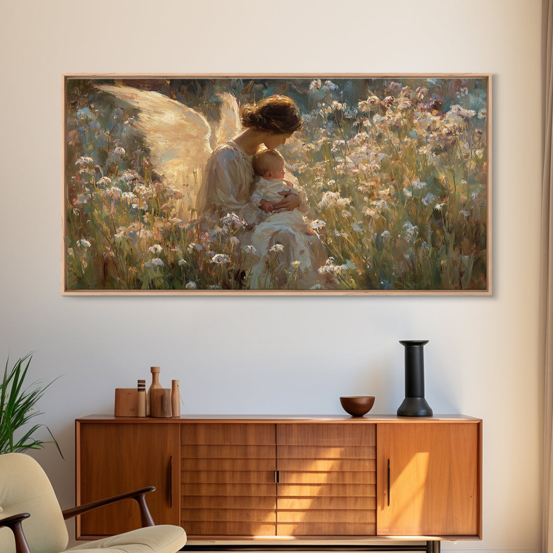 Sunlit Angel Cradling Baby Wall Art, Wildflower Meadow Painting, Christian Nursery Decor, Spiritual Gift For Mom, Canvas Art
