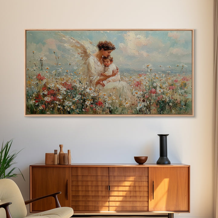 Angel And Baby In Flower Field Framed Canvas Print, Dreamy Christian Wall Art, Wildflower Nursery Decor, Gift For Her, Fine Art