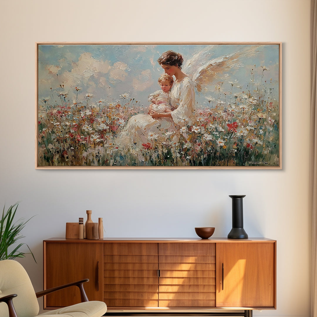 Guardian Angel With Baby Canvas Print, White Wildflower Meadow Painting, Christian Nursery Wall Art, Spiritual Gift For Mom