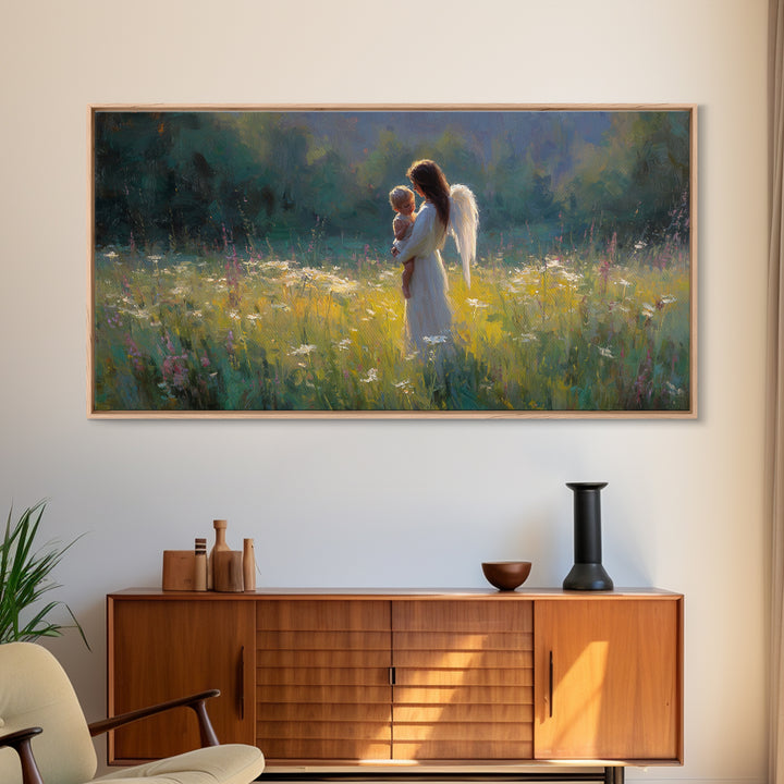 Angel Mother Holding Baby Wall Art, Luminous Meadow Oil Painting, Christian Nursery Decor, Spiritual Wall Decor, Gift For Her