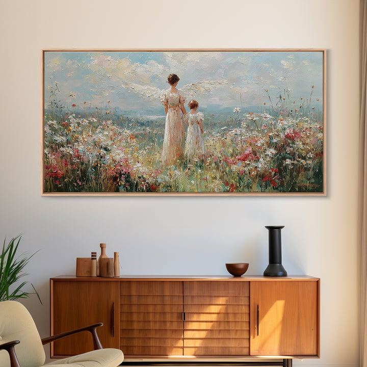 Angel And Child In Wildflower Field Framed Canvas Print, Impressionist Christian Wall Art, Floral Nursery Decor, Gift For Her