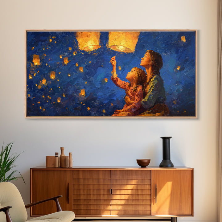 Mother And Child Lantern Festival Canvas Print, Blue Night Sky Painting, Whimsical Wall Art, Family Gift, Cozy Home Decor