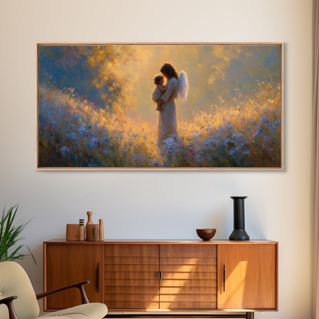 Guardian Angel Mother And Child In Golden Wildflower Meadow Wall Art, Christian Nursery Decor, Spiritual Gift For Mom, Home Decor