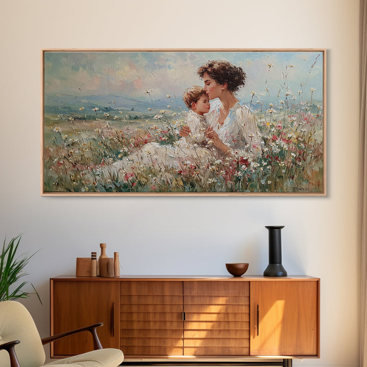 Seated Mother And Child In Soft Wildflower Field Canvas Print, Impressionist Floral Wall Art, Gift For Mom, Living Room Decor