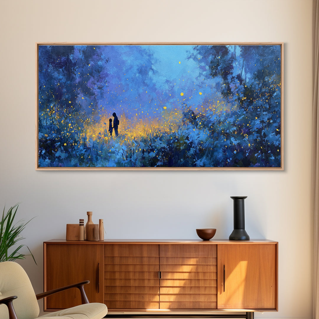 Blue Twilight Mother And Child Firefly Forest Wall Art, Moody Celestial Decor, Fantasy Nursery Print, Gift For Her, Home Decor
