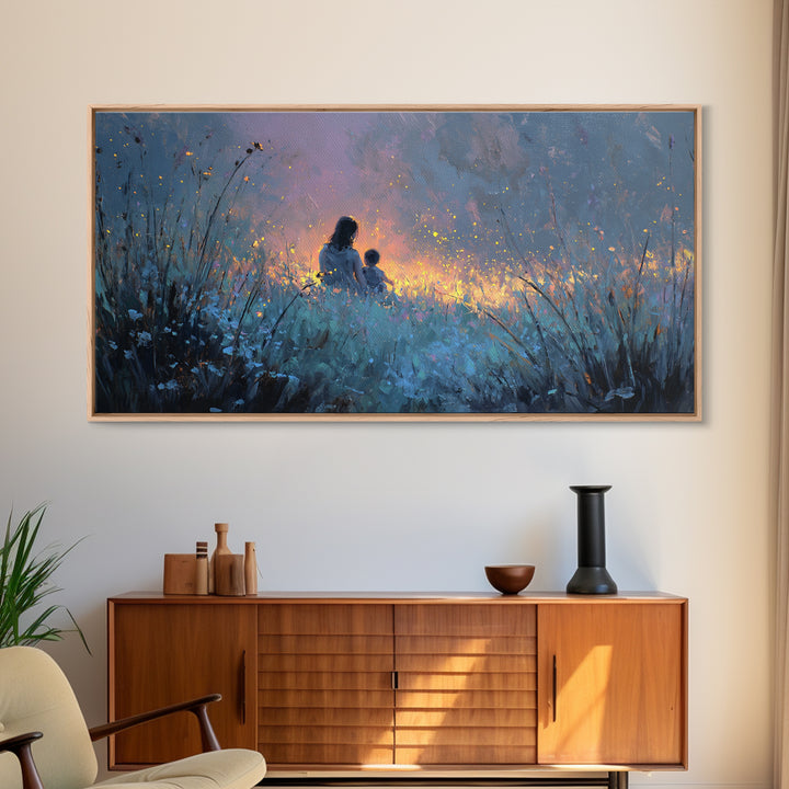 Silhouetted Mother And Child In Glowing Blue Meadow Canvas Print, Moody Wall Art, Celestial Nursery Decor Gift For Mom, Home Decor