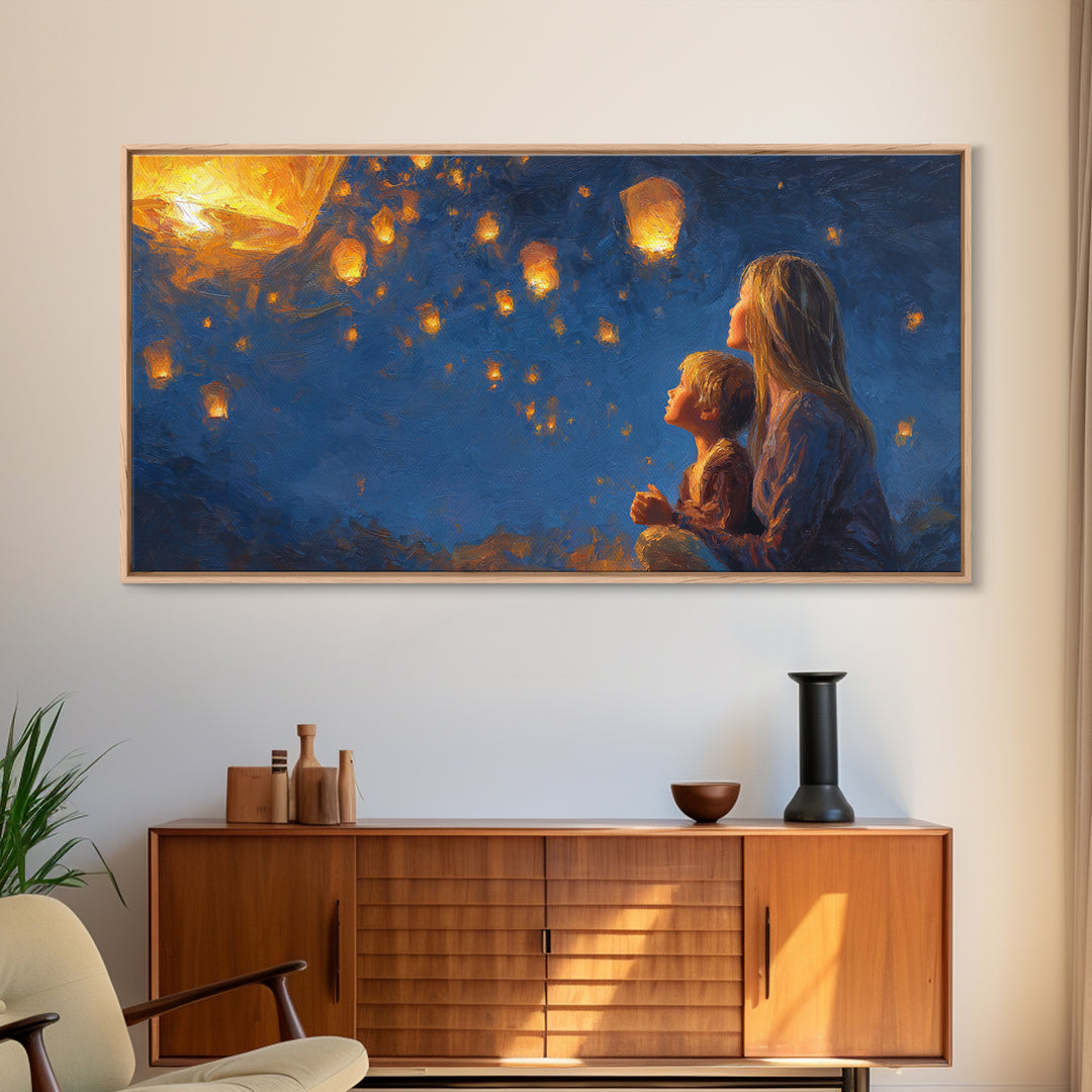 Mother And Child Lantern Night Wall Art, Angelic Family Canvas Print, Celestial Nursery Decor, Gift For Mom, Housewarming Gift