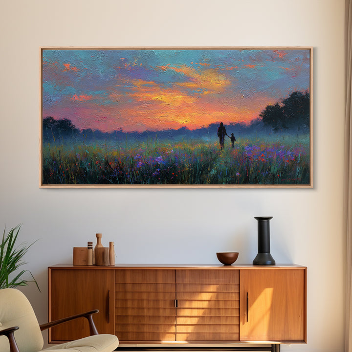 Sunset Meadow Silhouette Framed Canvas Print, Colorful Landscape Wall Art, Mother Child Decor, Living Room Art, Housewarming Gift