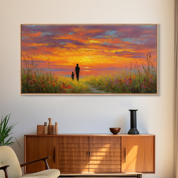 Parent And Child Sunset Path Canvas Print, Colorful Landscape Wall Art, Family Gift, Living Room Decor, Housewarming Gift