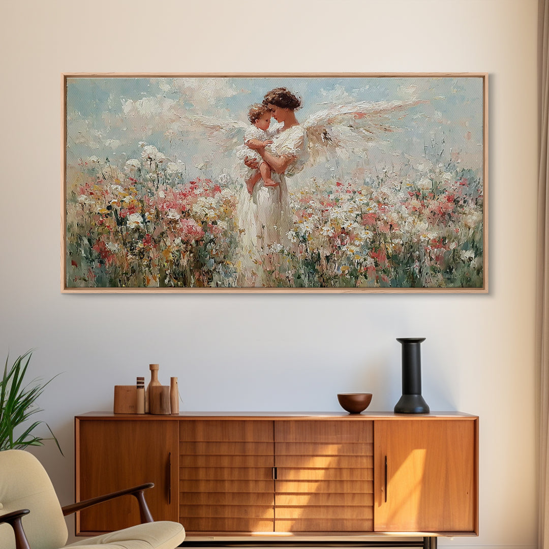 Angel Mother Holding Baby Wall Art, White Wings Wildflower Canvas Print, Spiritual Nursery Decor, Gift For Mom, Christian Wall Art
