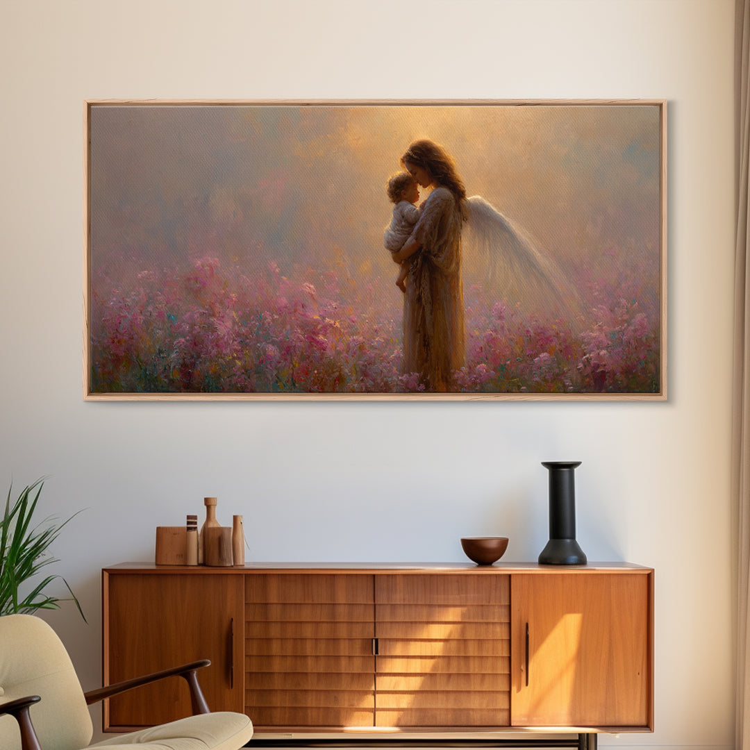 Angel Mother And Child Pink Garden Canvas Print, Ethereal Christian Wall Art, Spiritual Nursery Decor, Gift For Mom, Gift For Her