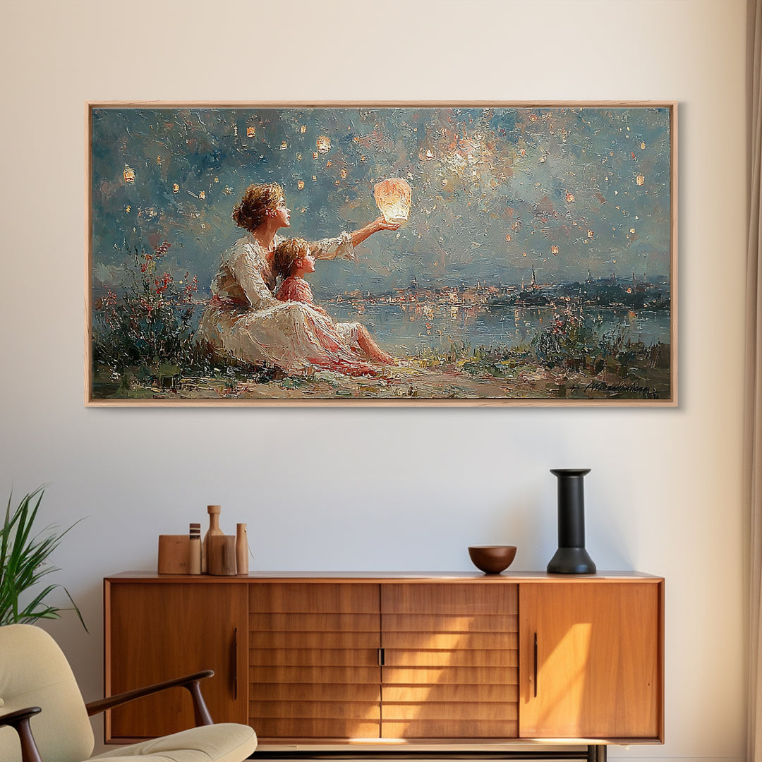 Mother And Child With Lantern By Moonlit Lake Framed Canvas Print, Impressionist Wall Art For Nursery And Coastal Decor Gift