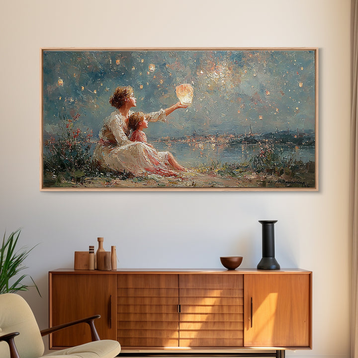 Mother And Child With Lantern By Moonlit Lake Framed Canvas Print, Impressionist Wall Art For Nursery And Coastal Decor Gift