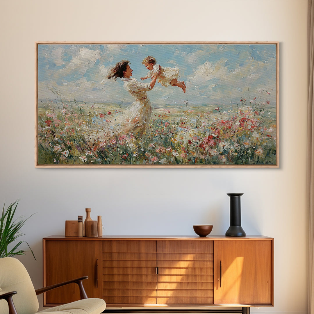 Mother Lifting Baby In Breezy Flower Field Canvas Print, Impressionist Wall Art For Nursery, Bedroom Decor, And Gift For Her