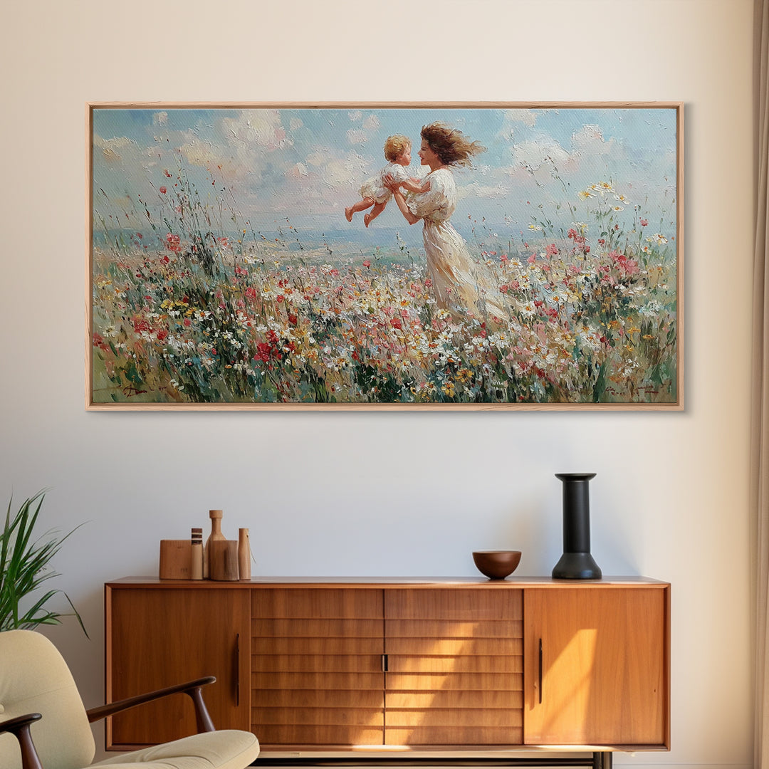 Mother Holding Baby In Seaside Wildflower Meadow Wall Art, Coastal Canvas Print For Nursery Decor And Mothers Day Gift For Her