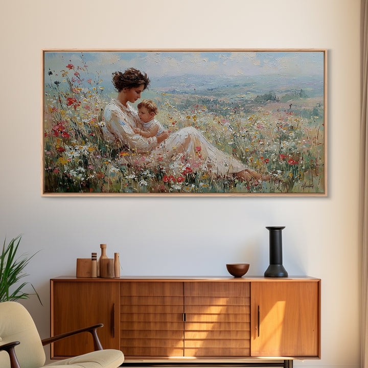 Nursing Mother With Baby In Sunlit Flower Meadow Wall Art, Impressionist Canvas Print For Nursery Decor And Housewarming Gift
